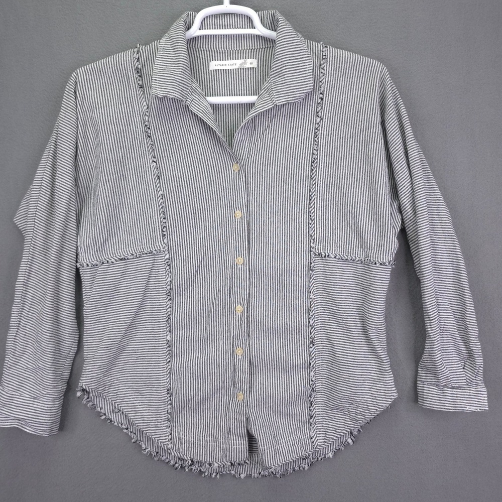 Altar'd State Button Up Shirt Striped Raw Hem White Black XS Cotton Boho Top